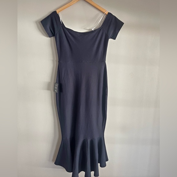 Lulus Midnight Blue Off Shoulder Midi Dress Ponte Knit Trumpet Hem NWT L - Picture 6 of 8